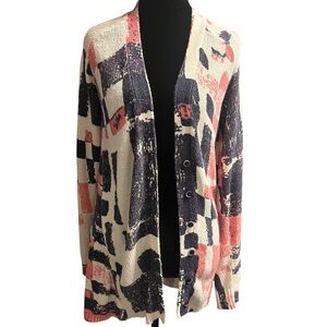 Abstract Print Open Cardigan Sweater - Cream, Navy & Coral